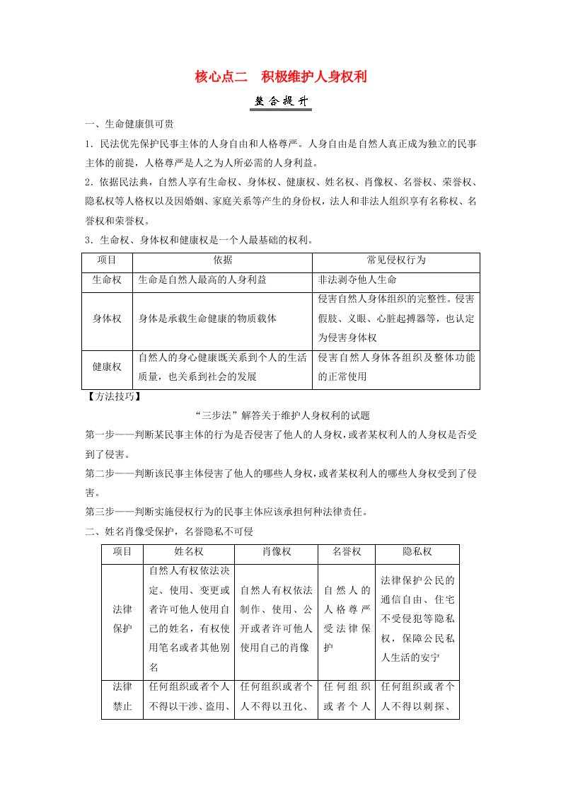 2025届高考政治一轮总复习核心突破选择性必修2第一单元民事权利与义务第一课在生活中学民法用民法核心点二积极维护人身权利