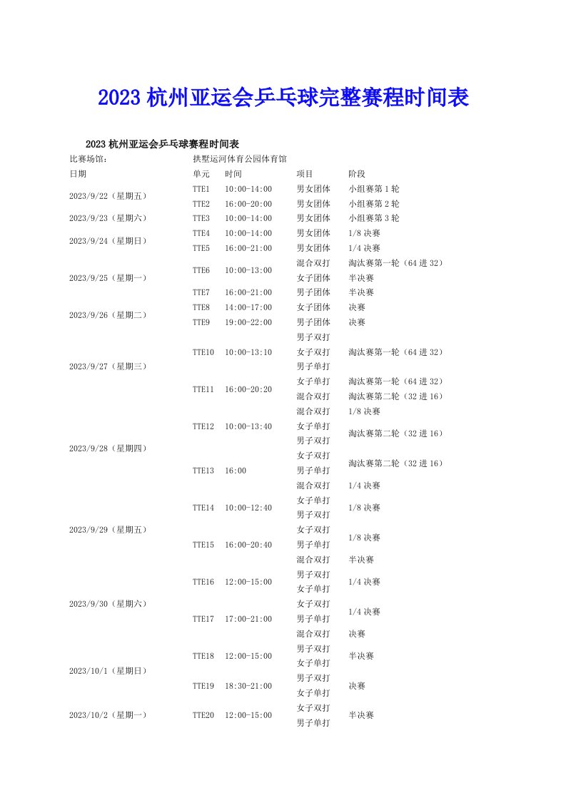 2023杭州亚运会乒乓球完整赛程时间表