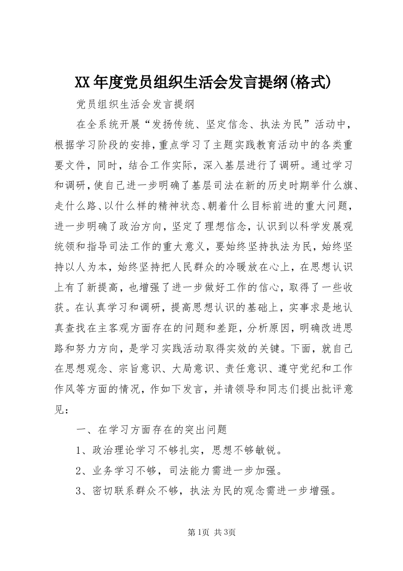 XX年度党员组织生活会发言提纲(格式)