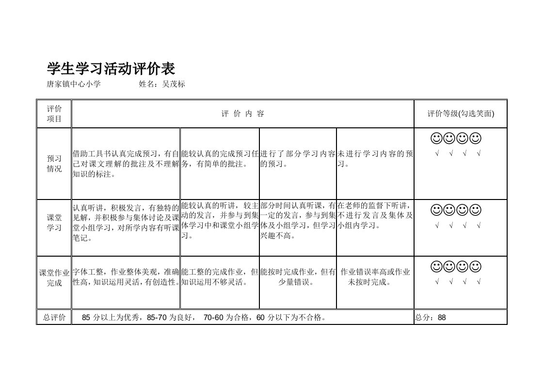 语文人教版六年级下册学生学习效果评价