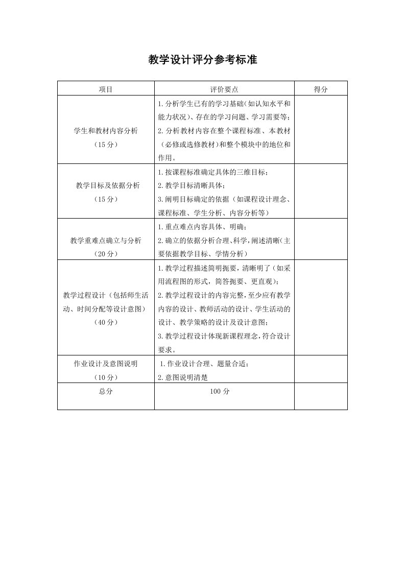 教学设计评分参考标准