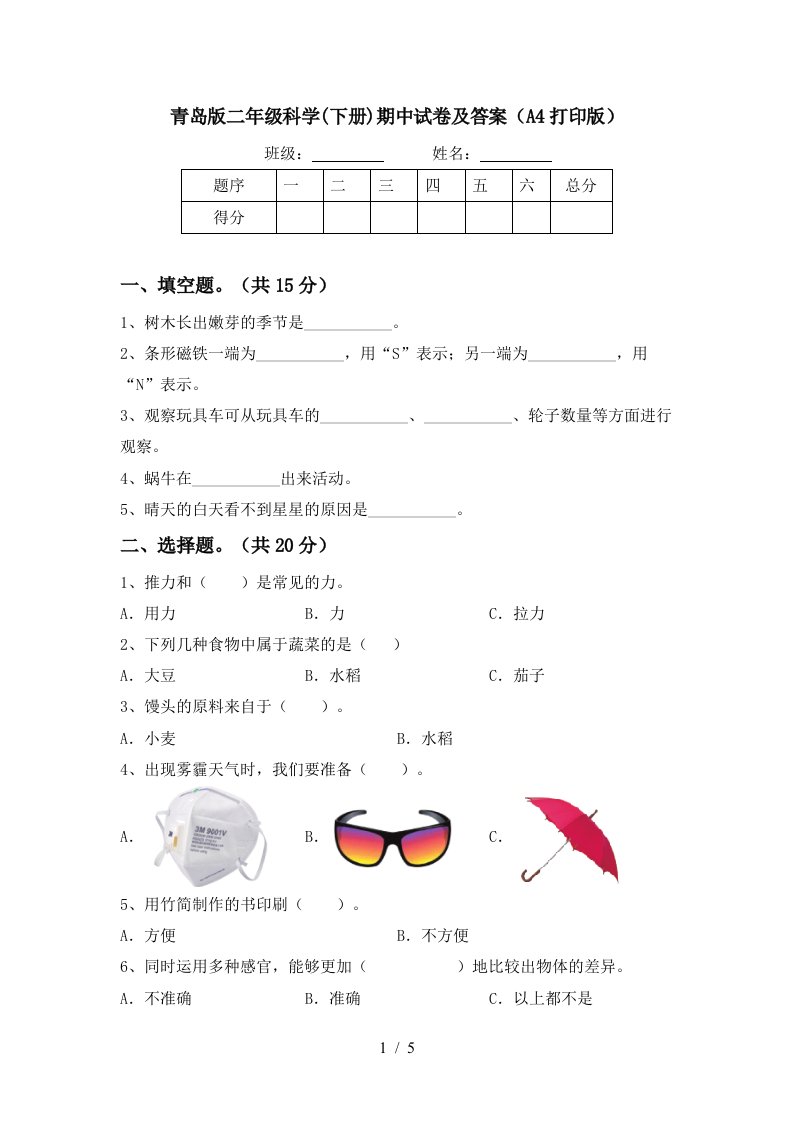 青岛版二年级科学下册期中试卷及答案A4打印版