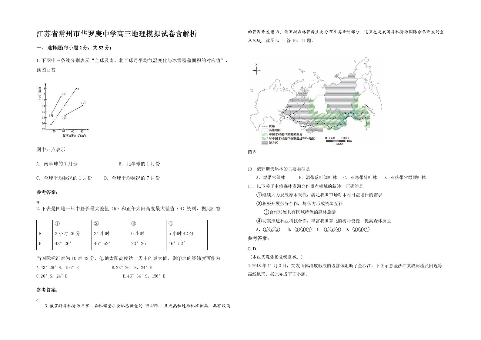 江苏省常州市华罗庚中学高三地理模拟试卷含解析