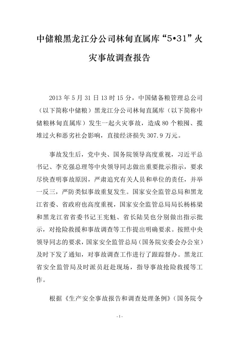 中储粮黑龙江林甸直属库火灾事故调查报告