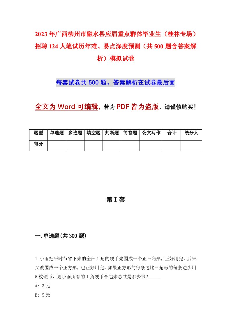 2023年广西柳州市融水县应届重点群体毕业生桂林专场招聘124人笔试历年难易点深度预测共500题含答案解析模拟试卷