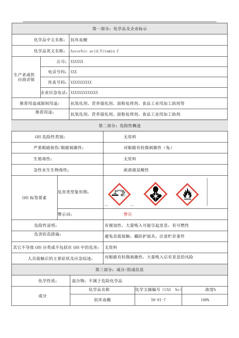 安全性资料-维生素C(MSDS),抗坏血酸MSDS