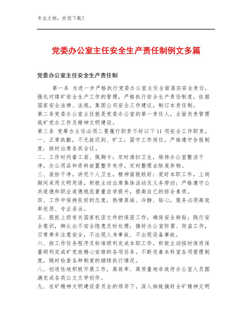 党委办公室主任安全生产责任制例文多篇