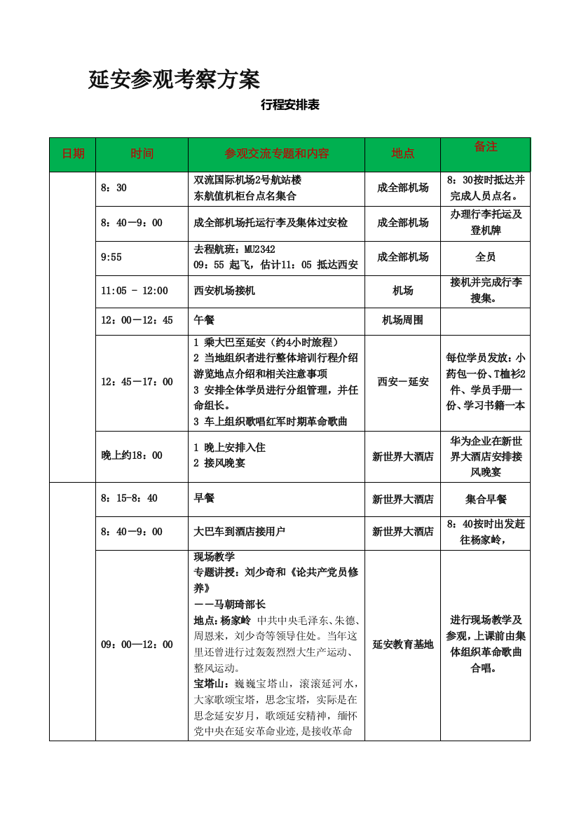 延安参观考察专项方案