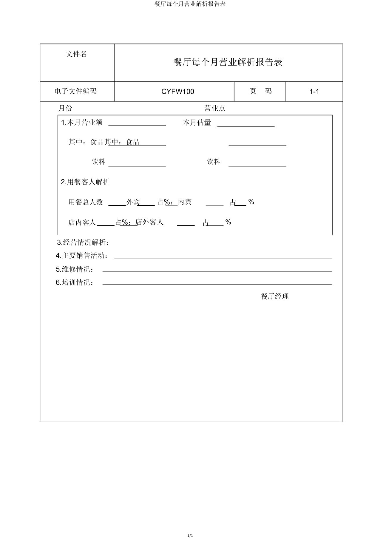 餐厅每月营业分析报告表