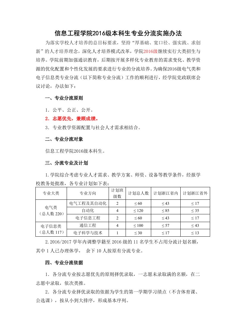 信息工程学院2016级本科生专业分流实施办法