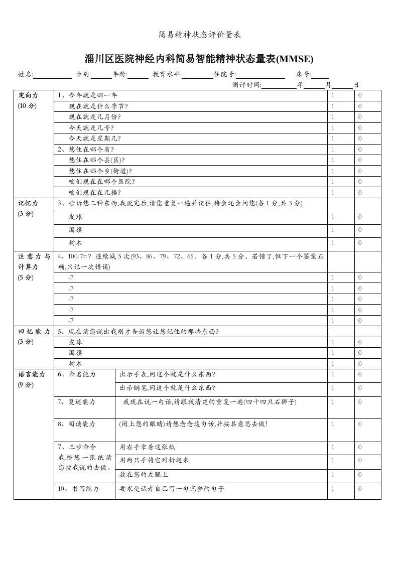 简易精神状态评价量表