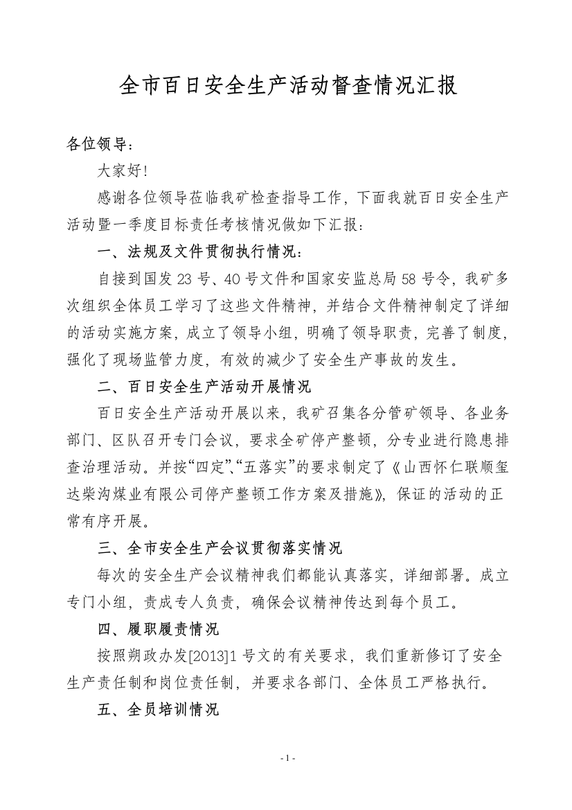 全市百日安全生产活动督查考核汇报材料2013-3-20.