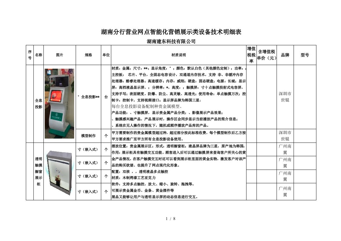 湖南分行营业网点智能化营销展示类设备技术明细表