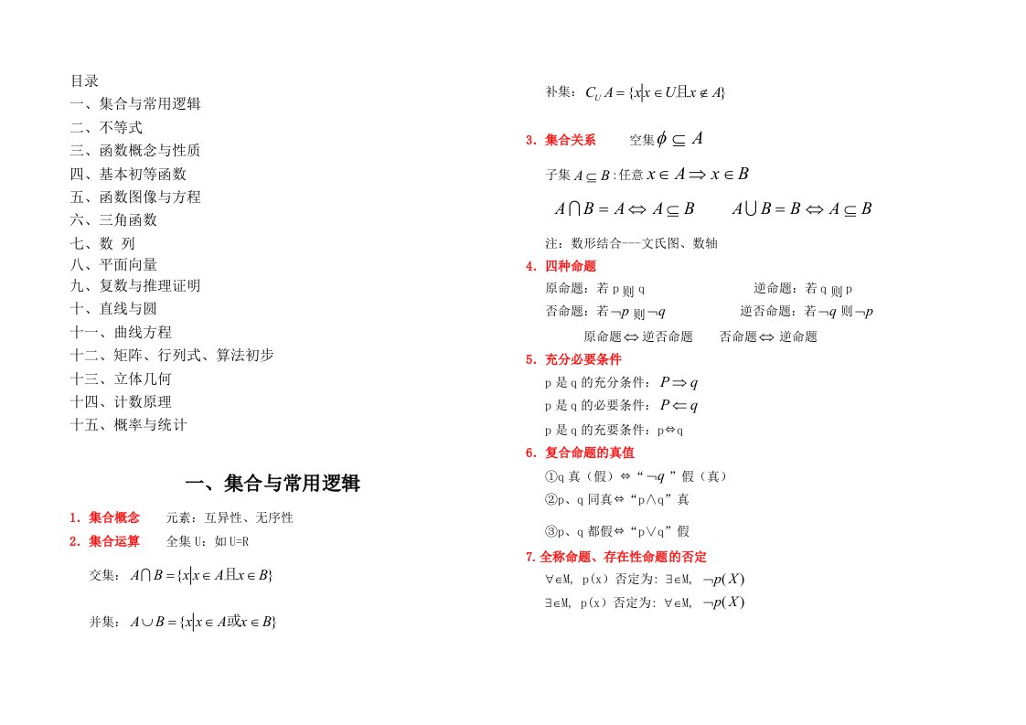 上海教材高中数学知识点总结(最全)