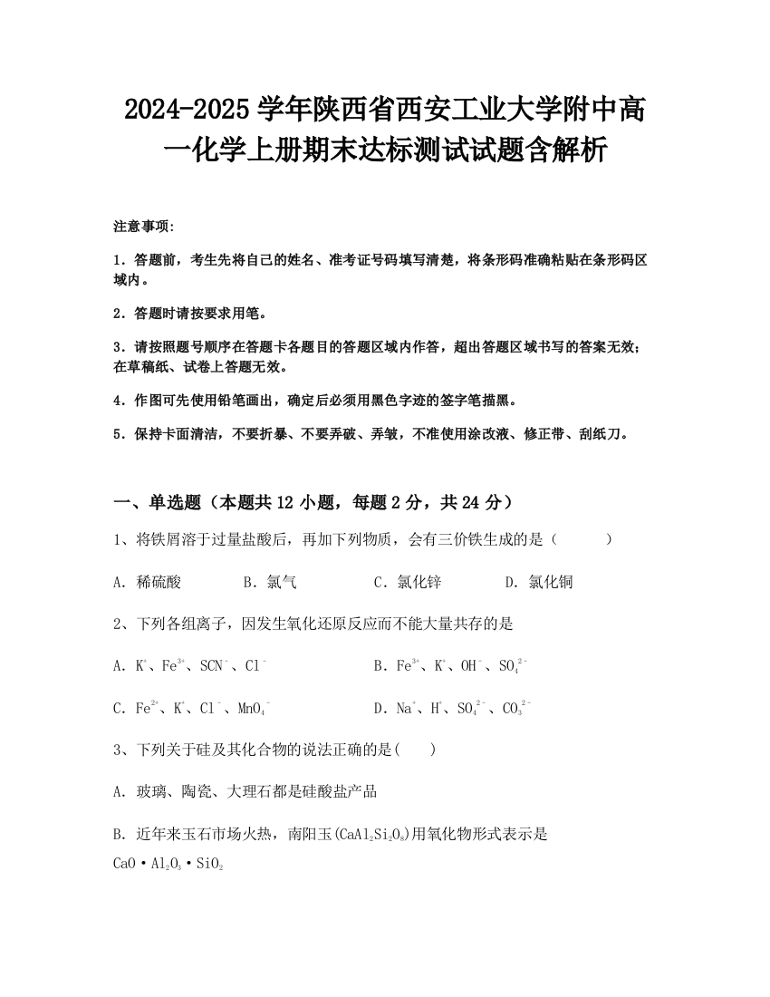 2024-2025学年陕西省西安工业大学附中高一化学上册期末达标测试试题含解析