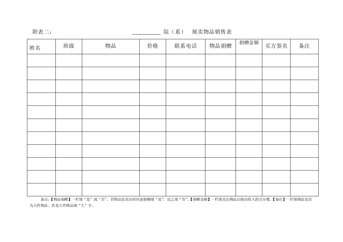 展卖物品发卖表