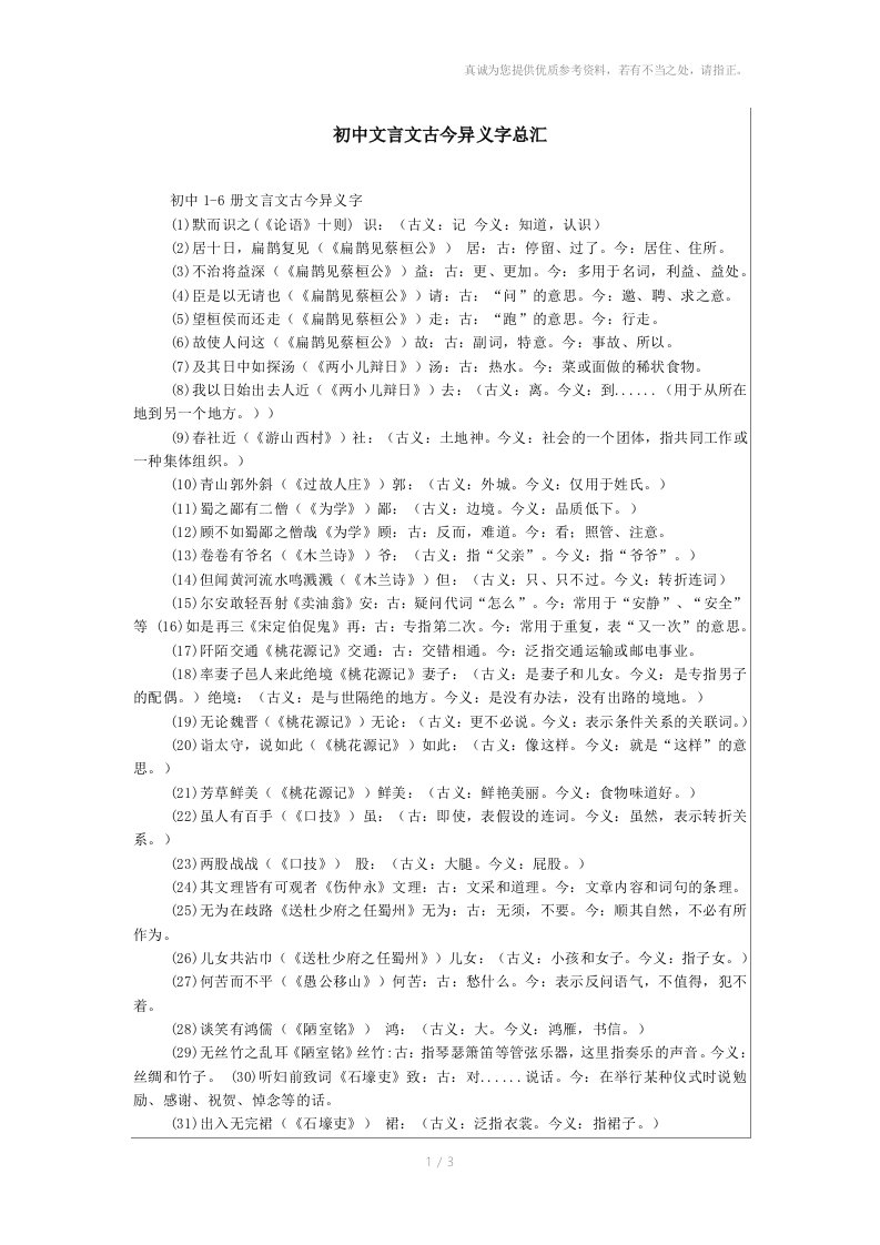 初中文言文古今异义字总汇参考