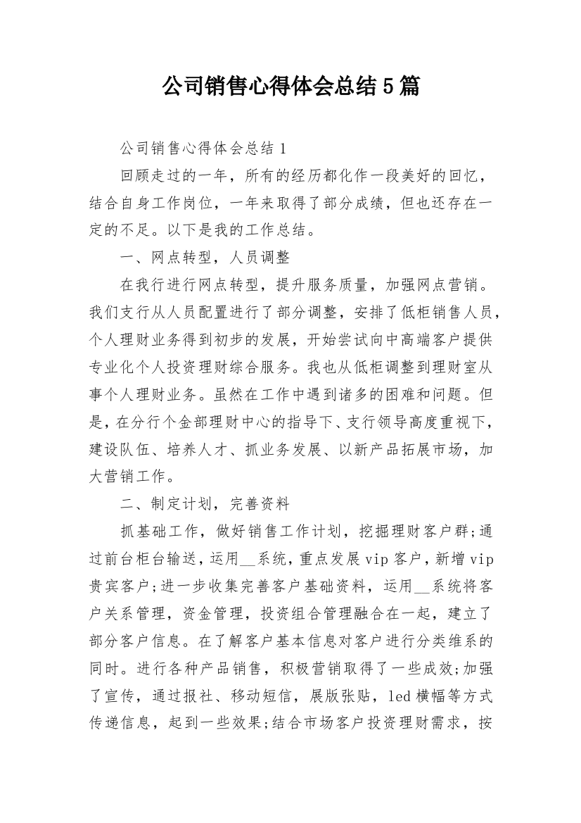 公司销售心得体会总结5篇