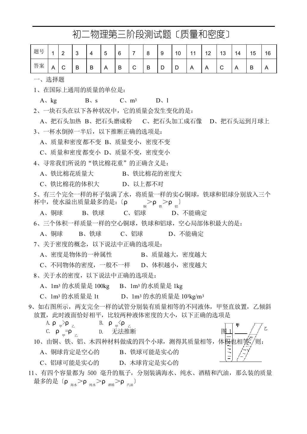 初二物理单元测试题（质量和密度）