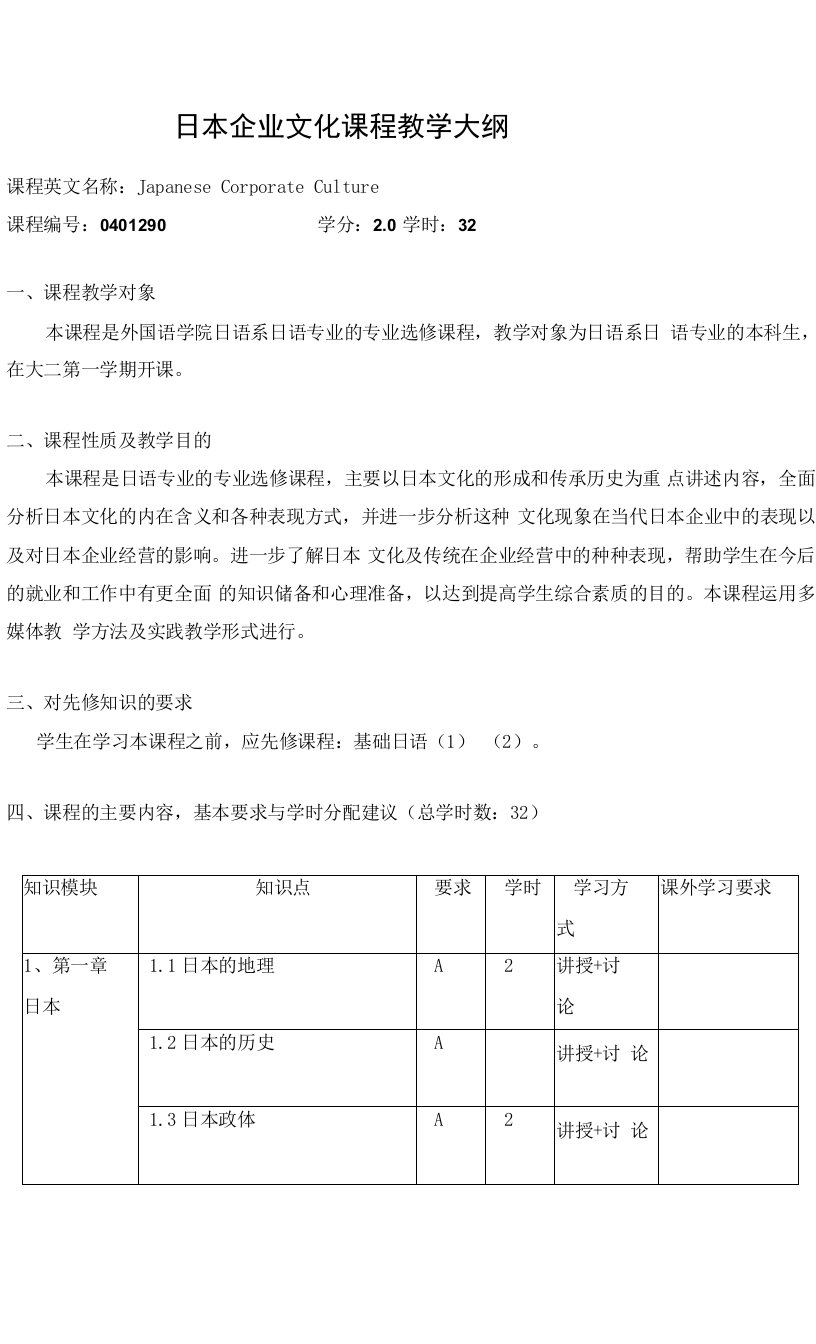 日本企业文化课程教学大纲