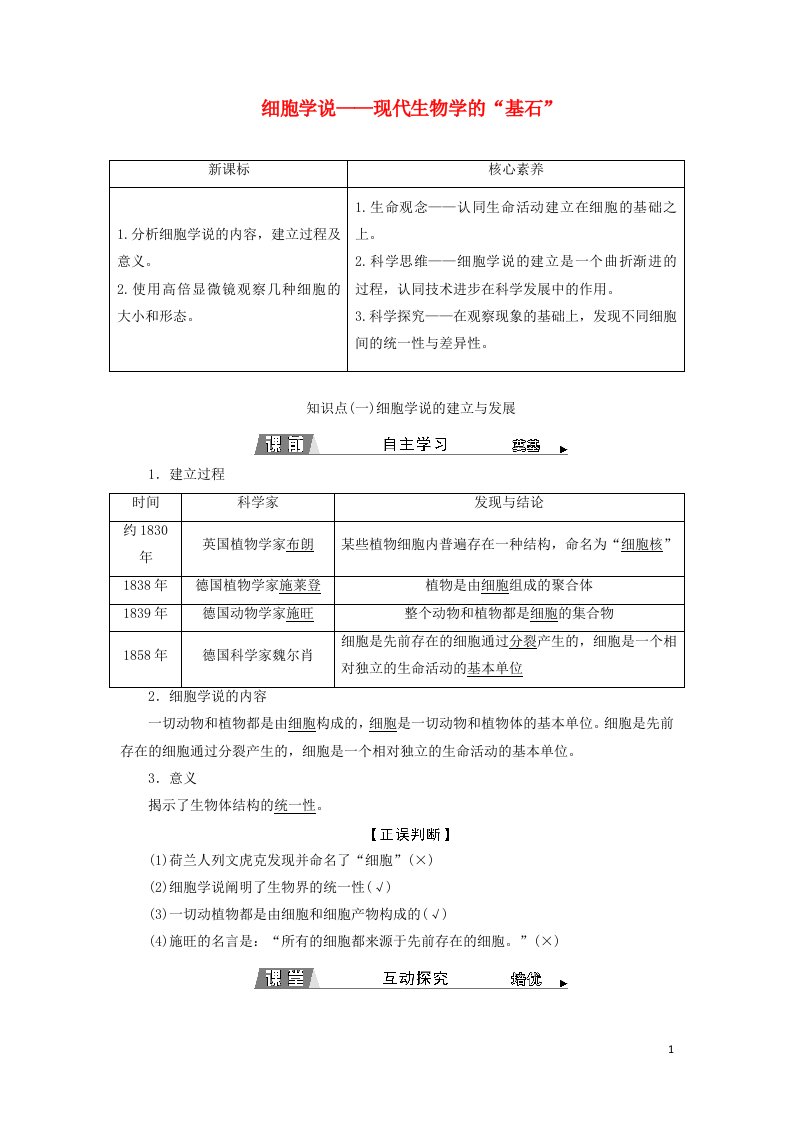 2021_2022新教材高中生物第二章细胞的结构和生命活动第一节细胞学说__现代生物学的“基石”学案苏教版必修1