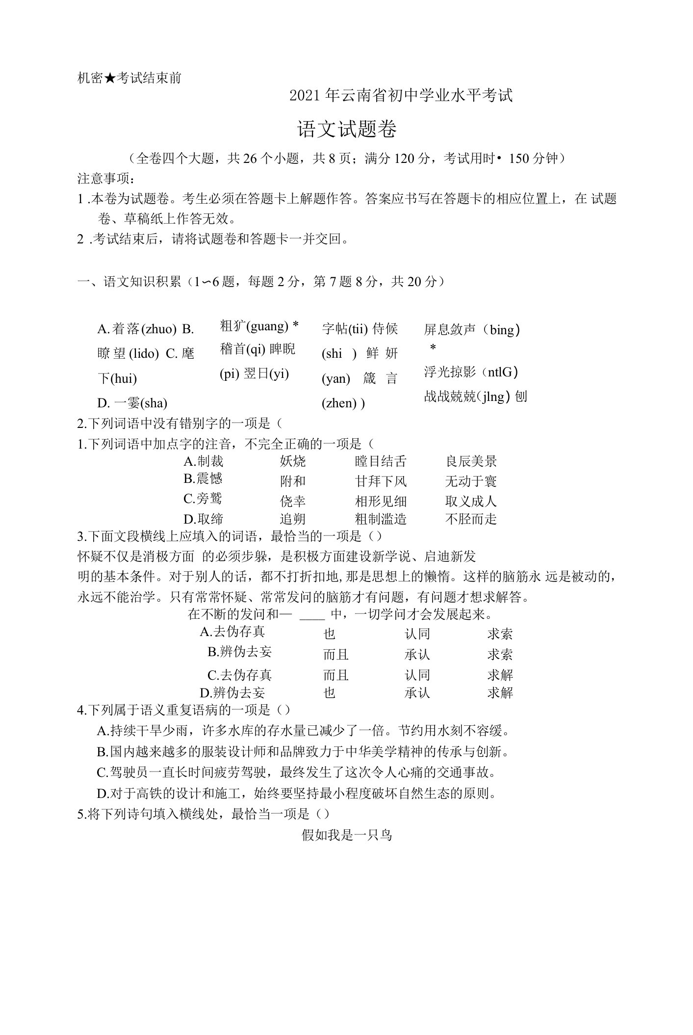 2021年云南省中考语文试题及答案word版