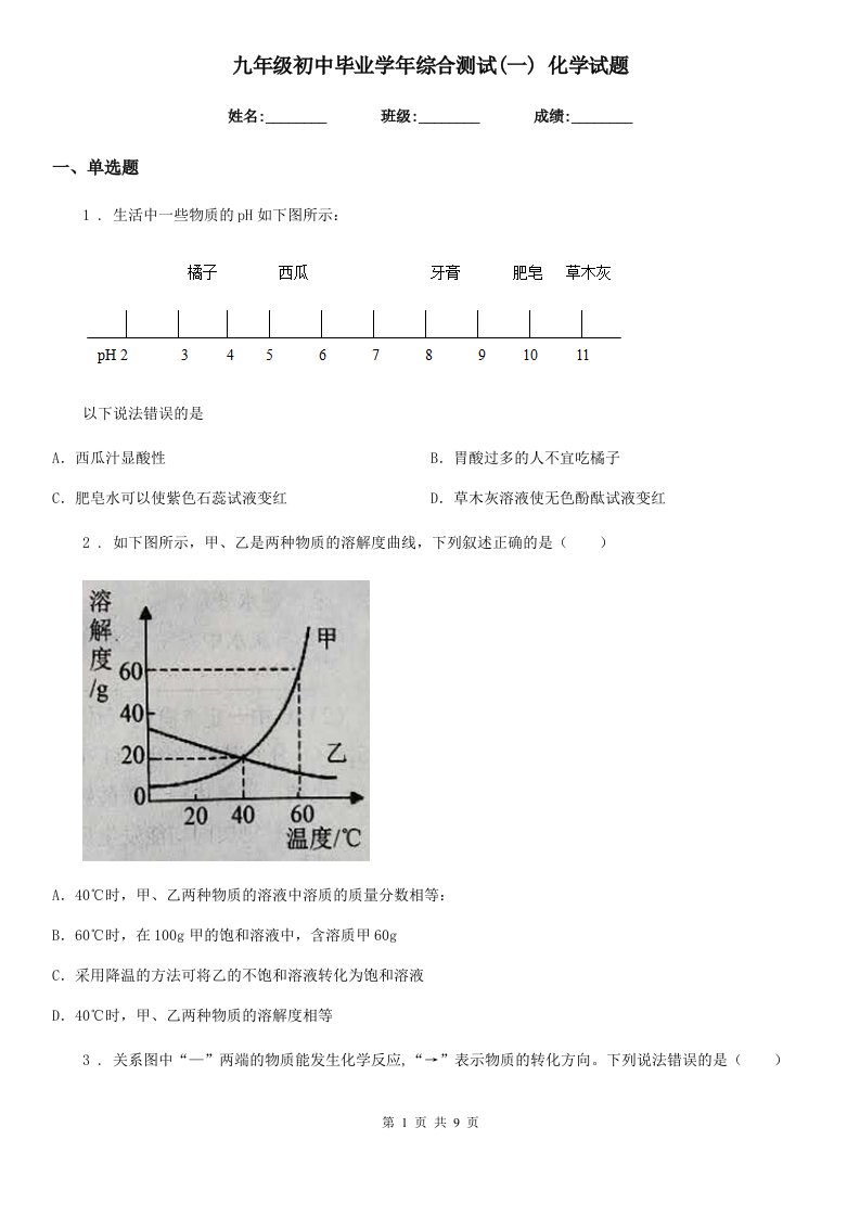 九年级初中毕业学年综合测试(一)