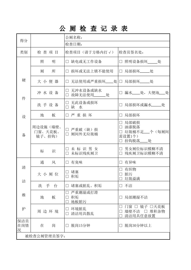 公厕检查记录表