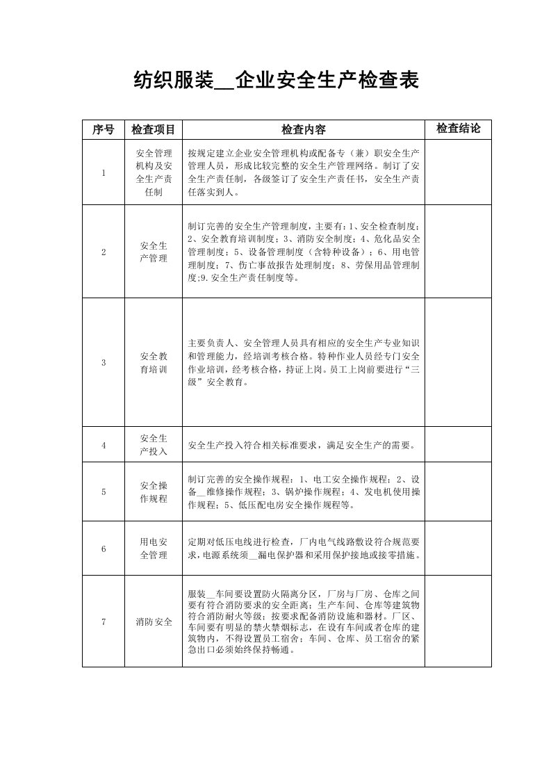 纺织服装加工企业安全生产检查表