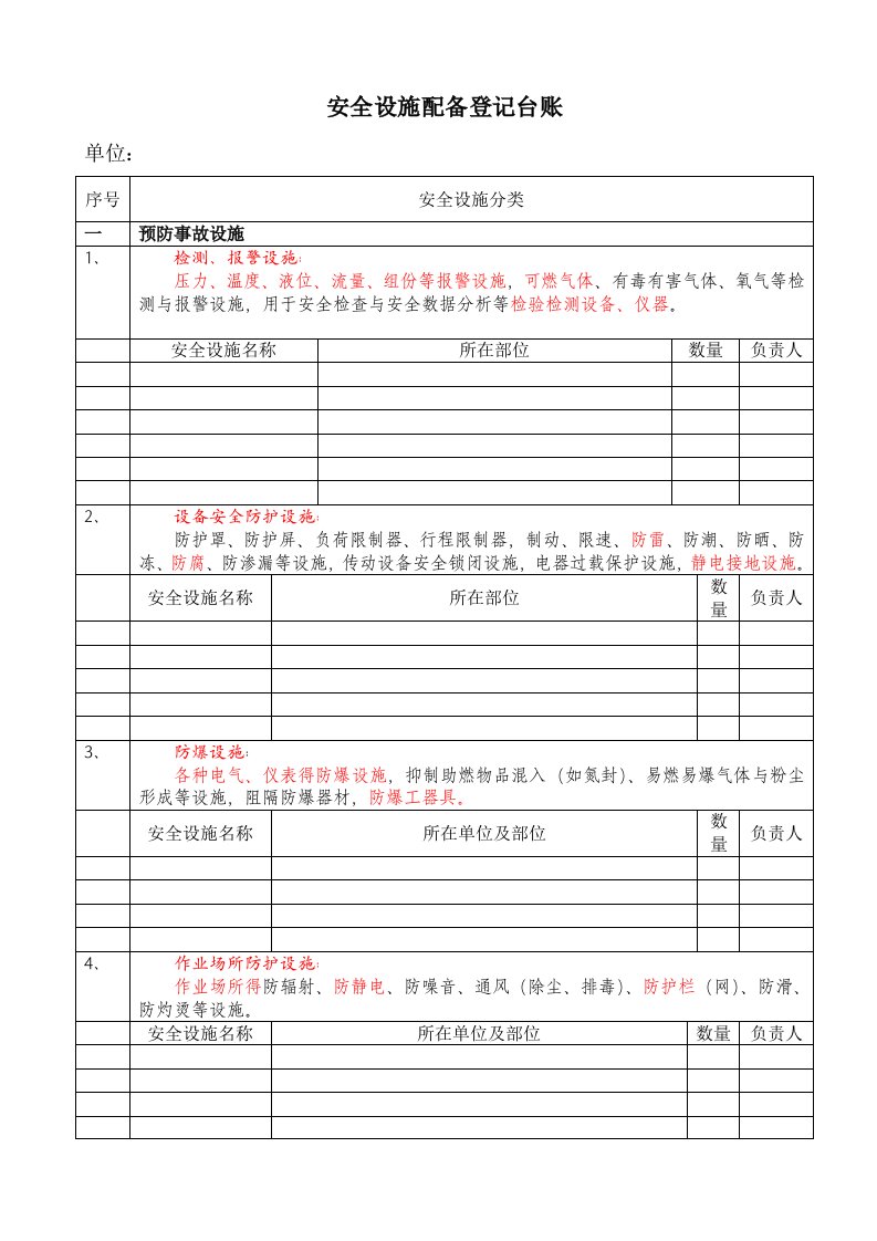 公司安全设施登记台账