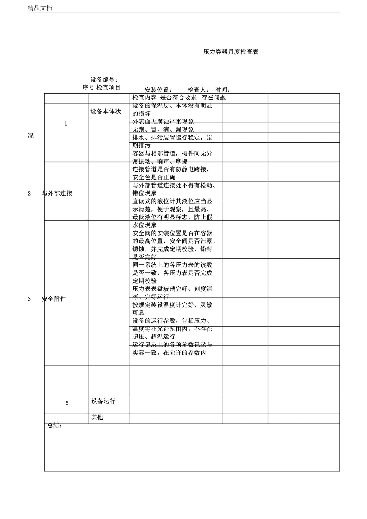 压力容器月度检查表