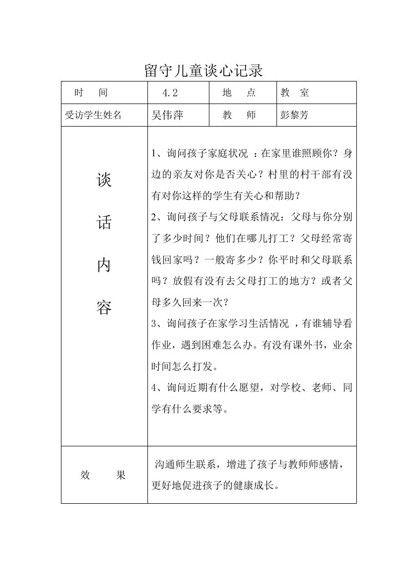 留守儿童交心谈心记录