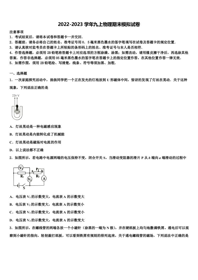 2022-2023学年江苏省南京市玄武区九年级物理第一学期期末综合测试模拟试题含解析