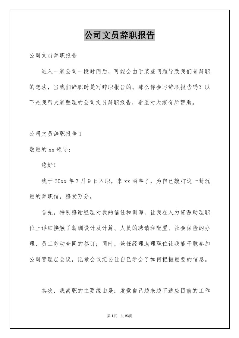 公司文员辞职报告例文2