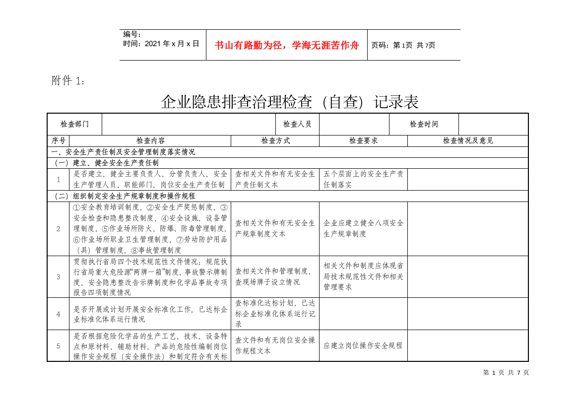 企业隐患排查治理检查记录表