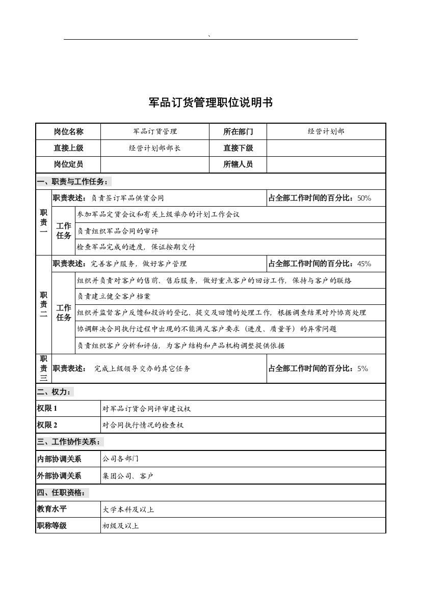 华北光学仪器公司经营计划部军品订货管理职位说明书