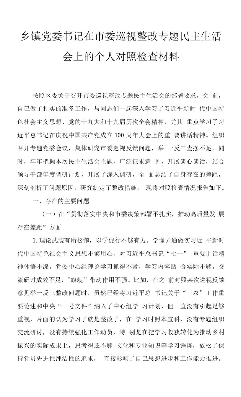 乡镇党委书记在市委巡视整改专题民主生活会上的个人对照检查材料2篇