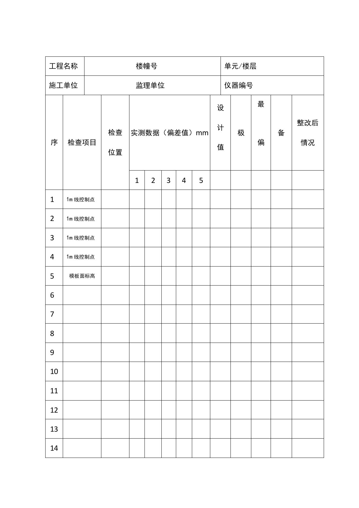 实测实量检查记录表格模板