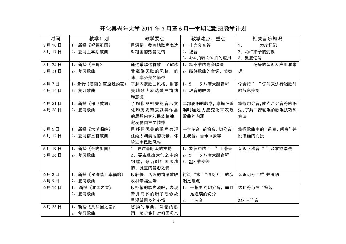 开化县老年大学唱歌班教学计划2011第一学期