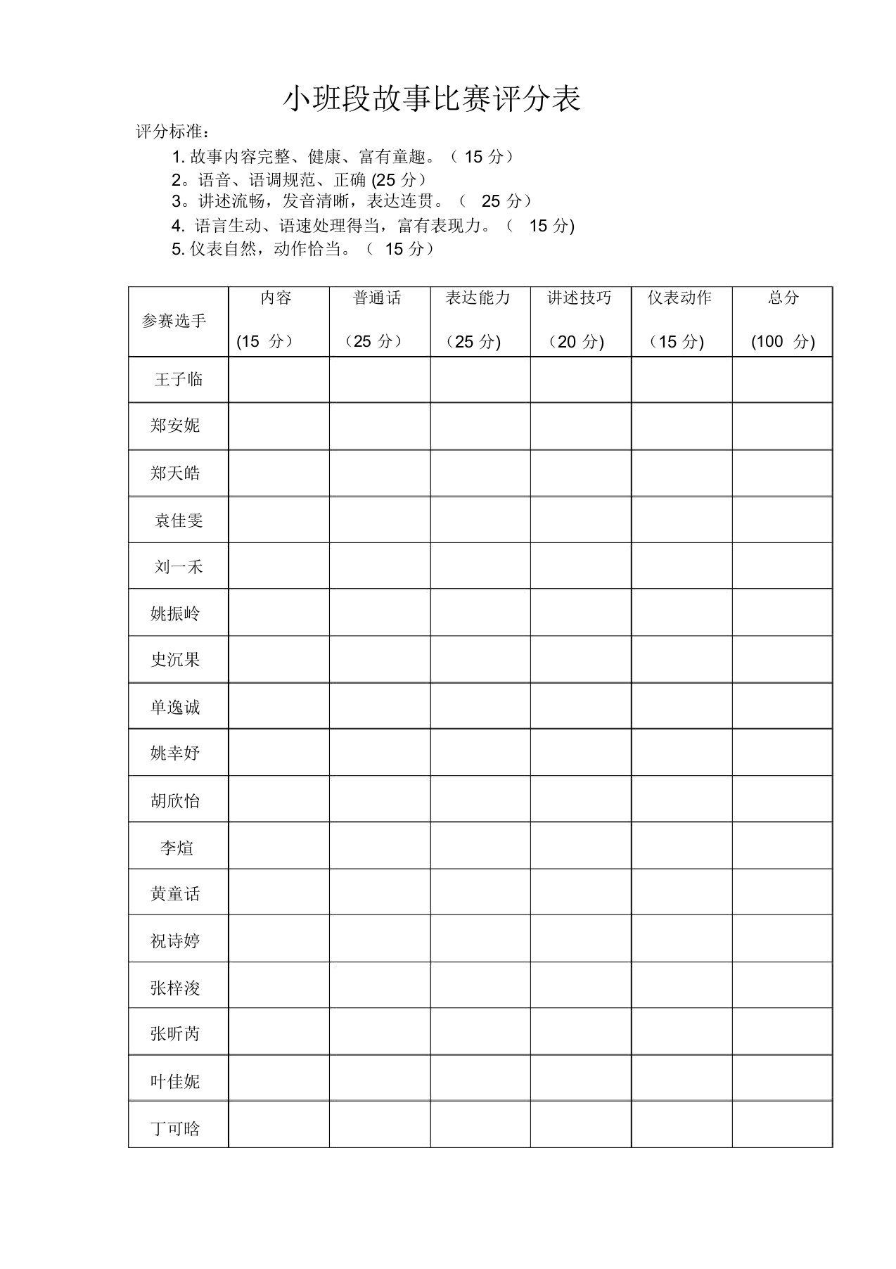 幼儿园讲故事评分表格