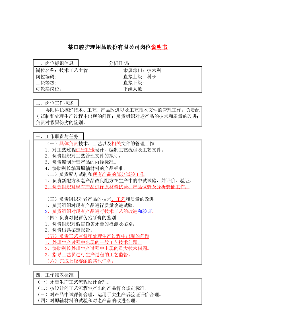 技术工艺主管岗位说明书