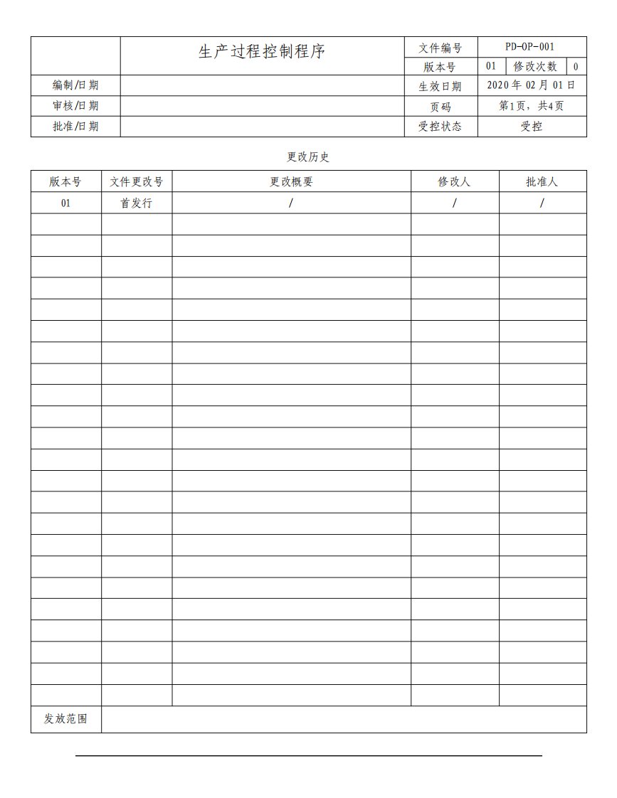 ISO13485-2016生产过程控制程序