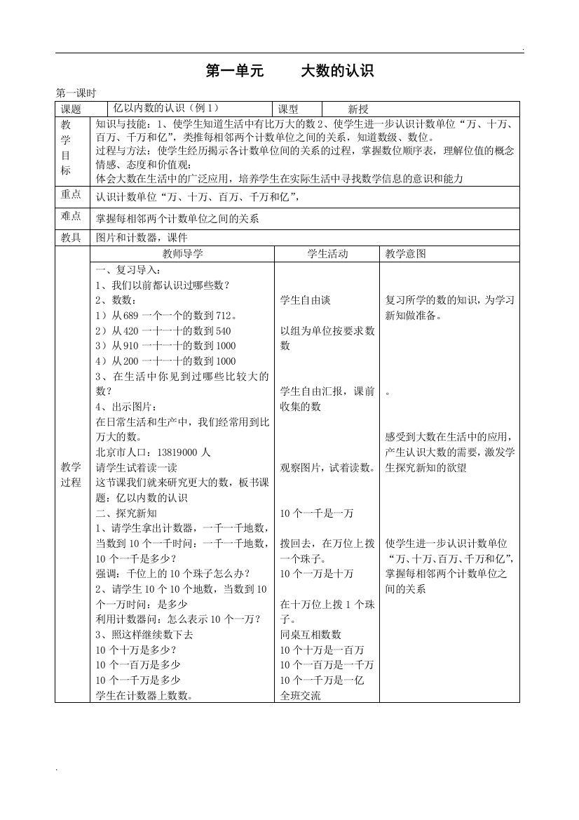 2019年人教版四数上全册教案