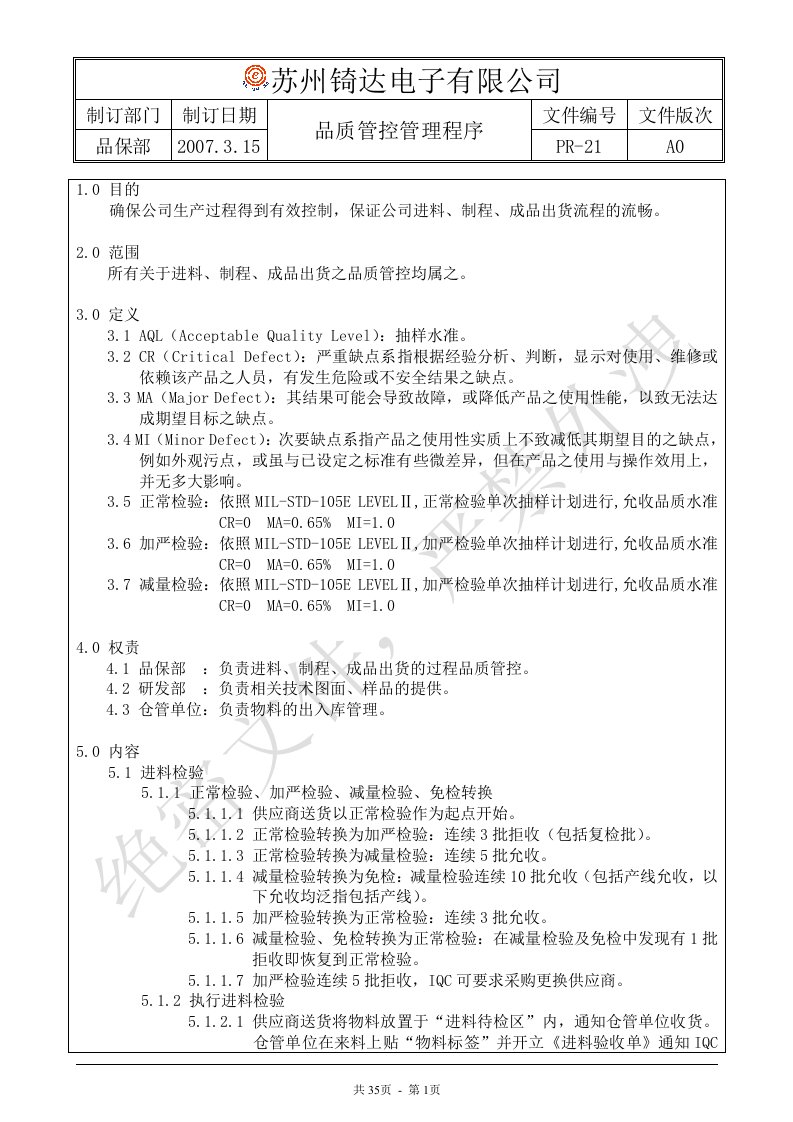 pr-21品质管控管理程序