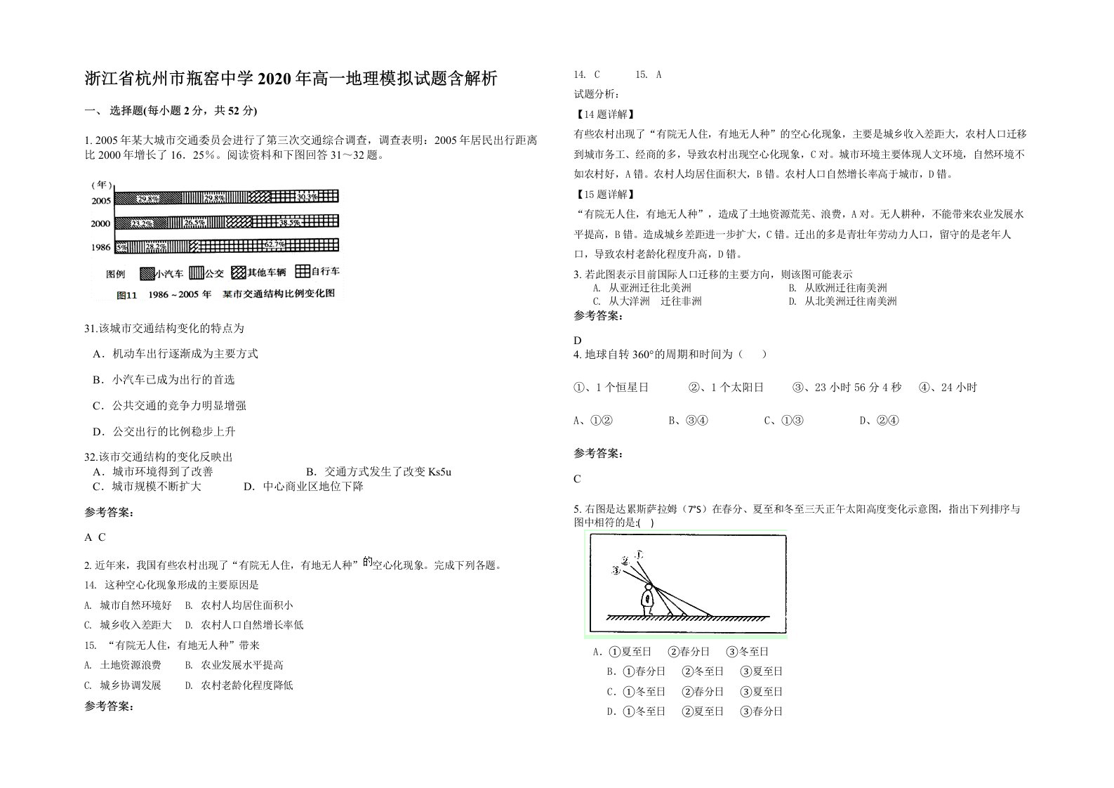 浙江省杭州市瓶窑中学2020年高一地理模拟试题含解析