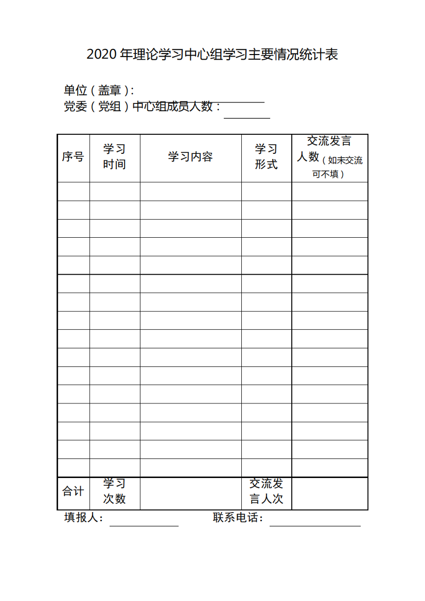 2020年理论学习中心组学习主要情况统计表