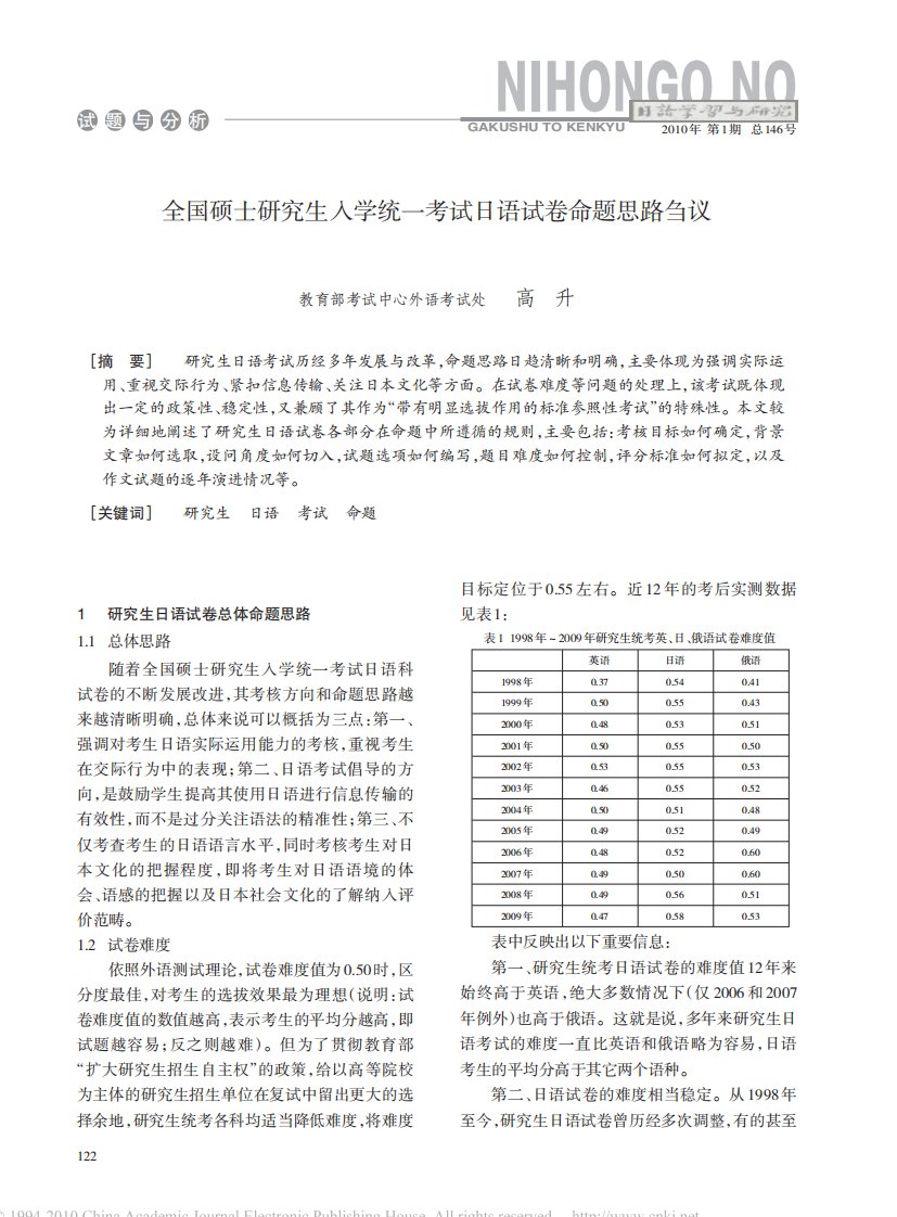 全国硕士研究生入学统一考试日语试卷命题思路刍议