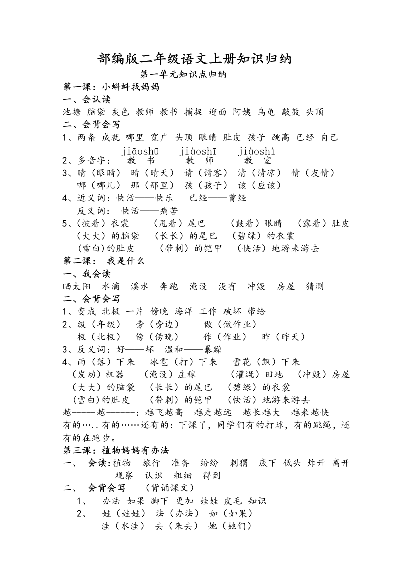 苏教版二年级语文重点知识