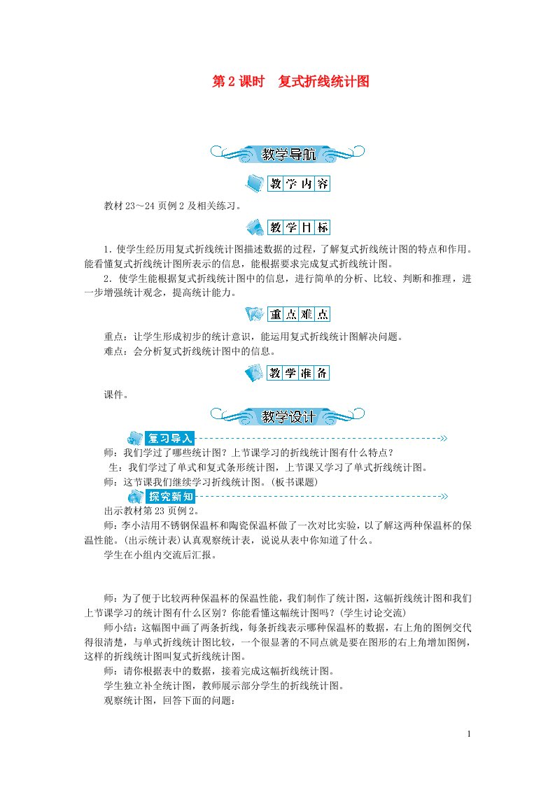 五年级数学下册二折线统计图第2课时复式折线统计图教案苏教版