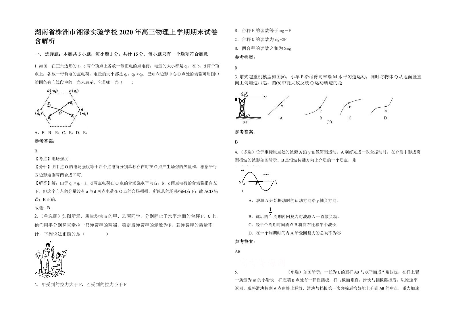 湖南省株洲市湘渌实验学校2020年高三物理上学期期末试卷含解析